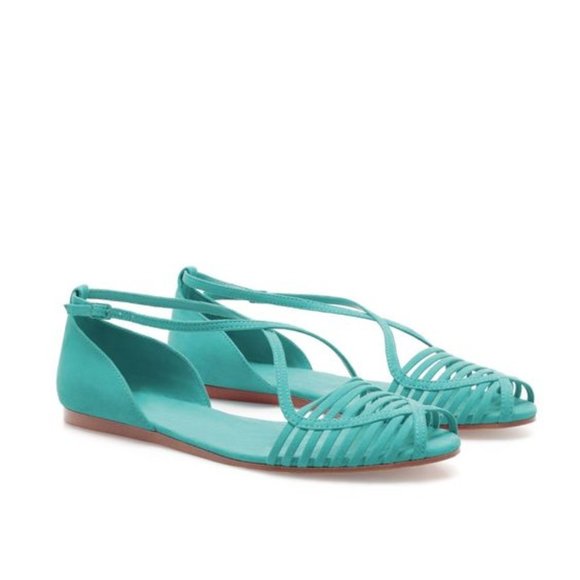 Zara Basic Boho Teal Blue Retro Suede Cross Strap Flat Sandals Size 38
